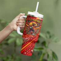 Personalized Spain Football Bull Mascot Tumbler With Handle Dynamic Spanish Sunburst Abstract Flame