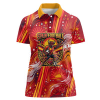 Personalized Spain Football Bull Mascot Women Polo Shirt Dynamic Spanish Sunburst Abstract Flame