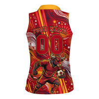 Personalized Spain Football Bull Mascot Women Sleeveless Polo Shirt Dynamic Spanish Sunburst Abstract Flame
