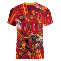 Personalized Spain Football Bull Mascot Women V-Neck T-Shirt Dynamic Spanish Sunburst Abstract Flame