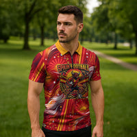 Personalized Spain Football Bull Mascot Zipper Polo Shirt Dynamic Spanish Sunburst Abstract Flame