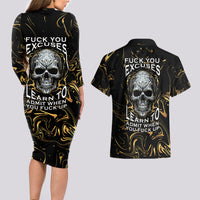 Skull Mable Golden Abstract Art Couples Matching Long Sleeve Bodycon Dress and Hawaiian Shirt Fuck You Excuses Learn To Admit When You Fuck Up - Wonder Print Shop