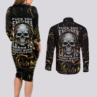 Skull Mable Golden Abstract Art Couples Matching Long Sleeve Bodycon Dress and Long Sleeve Button Shirts Fuck You Excuses Learn To Admit When You Fuck Up - Wonder Print Shop