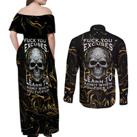 Skull Mable Golden Abstract Art Couples Matching Off Shoulder Maxi Dress and Long Sleeve Button Shirts Fuck You Excuses Learn To Admit When You Fuck Up - Wonder Print Shop
