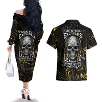 Skull Mable Golden Abstract Art Couples Matching Off The Shoulder Long Sleeve Dress and Hawaiian Shirt Fuck You Excuses Learn To Admit When You Fuck Up - Wonder Print Shop