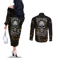 skull-mable-golden-abstract-art-couples-matching-off-the-shoulder-long-sleeve-dress-and-long-sleeve-button-shirts-fuck-you-excuses-learn-to-admit-when-you-fuck-up
