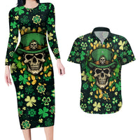 Skull and Shamrock Leaf Pattern Couples Matching Long Sleeve Bodycon Dress and Hawaiian Shirt Good Luck - Wonder Print Shop