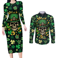 Skull and Shamrock Leaf Pattern Couples Matching Long Sleeve Bodycon Dress and Long Sleeve Button Shirts Good Luck - Wonder Print Shop