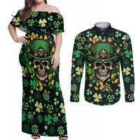 Skull and Shamrock Leaf Pattern Couples Matching Off Shoulder Maxi Dress and Long Sleeve Button Shirts Good Luck - Wonder Print Shop