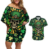 Skull and Shamrock Leaf Pattern Couples Matching Off Shoulder Short Dress and Hawaiian Shirt Good Luck - Wonder Print Shop