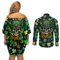 Skull and Shamrock Leaf Pattern Couples Matching Off Shoulder Short Dress and Long Sleeve Button Shirts Good Luck - Wonder Print Shop