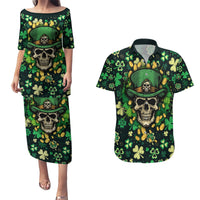 Skull and Shamrock Leaf Pattern Couples Matching Puletasi Dress and Hawaiian Shirt Good Luck - Wonder Print Shop