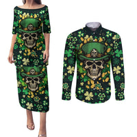 Skull and Shamrock Leaf Pattern Couples Matching Puletasi Dress and Long Sleeve Button Shirts Good Luck - Wonder Print Shop