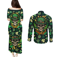 Skull and Shamrock Leaf Pattern Couples Matching Puletasi Dress and Long Sleeve Button Shirts Good Luck - Wonder Print Shop