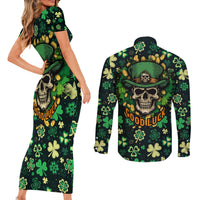 Skull and Shamrock Leaf Pattern Couples Matching Short Sleeve Bodycon Dress and Long Sleeve Button Shirts Good Luck - Wonder Print Shop