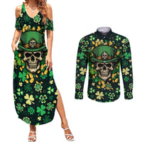 Skull and Shamrock Leaf Pattern Couples Matching Summer Maxi Dress and Long Sleeve Button Shirts Good Luck - Wonder Print Shop