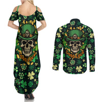 Skull and Shamrock Leaf Pattern Couples Matching Summer Maxi Dress and Long Sleeve Button Shirts Good Luck - Wonder Print Shop