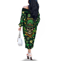 Skull and Shamrock Leaf Pattern Family Matching Off Shoulder Long Sleeve Dress and Hawaiian Shirt Good Luck - Wonder Print Shop