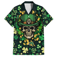 Green Hawaiian shirt with skull in hat, clover and coin pattern, button-up collar