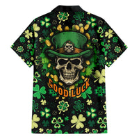 Green Hawaiian shirt back with skull, clovers, coins and "Good Luck" text