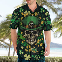 Green Hawaiian shirt with skull-in-hat graphic, clovers and coins, short-sleeve button-up