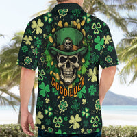 Green Hawaiian shirt back with skull-in-hat graphic, clovers and coins, short-sleeve