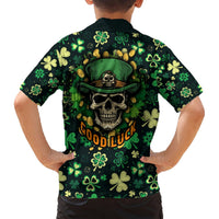 Green kids Hawaiian shirt back with skull in hat, clovers and "Good Luck" text