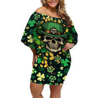 Skull and Shamrock Leaf Pattern Off Shoulder Short Dress Good Luck - Wonder Print Shop