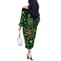 Skull and Shamrock Leaf Pattern Off The Shoulder Long Sleeve Dress Good Luck - Wonder Print Shop