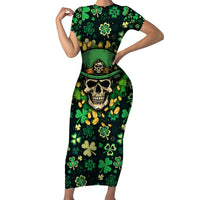 Skull and Shamrock Leaf Pattern Short Sleeve Bodycon Dress Good Luck - Wonder Print Shop