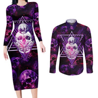 Skull and Moth Couples Matching Long Sleeve Bodycon Dress and Long Sleeve Button Shirts Fantasy Cosmic Abstract - Grunge Purple Art - Wonder Print Shop
