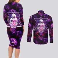 Skull and Moth Couples Matching Long Sleeve Bodycon Dress and Long Sleeve Button Shirts Fantasy Cosmic Abstract - Grunge Purple Art - Wonder Print Shop