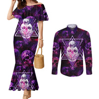 skull-and-moth-couples-matching-mermaid-dress-and-long-sleeve-button-shirts-fantasy-cosmic-abstract-grunge-purple-art