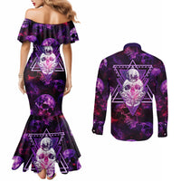 skull-and-moth-couples-matching-mermaid-dress-and-long-sleeve-button-shirts-fantasy-cosmic-abstract-grunge-purple-art