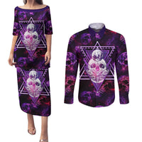 Skull and Moth Couples Matching Puletasi Dress and Long Sleeve Button Shirts Fantasy Cosmic Abstract - Grunge Purple Art - Wonder Print Shop