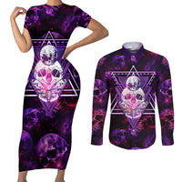 Skull and Moth Couples Matching Short Sleeve Bodycon Dress and Long Sleeve Button Shirts Fantasy Cosmic Abstract - Grunge Purple Art - Wonder Print Shop