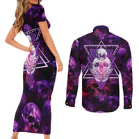 Skull and Moth Couples Matching Short Sleeve Bodycon Dress and Long Sleeve Button Shirts Fantasy Cosmic Abstract - Grunge Purple Art - Wonder Print Shop