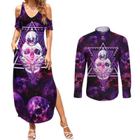 Skull and Moth Couples Matching Summer Maxi Dress and Long Sleeve Button Shirts Fantasy Cosmic Abstract - Grunge Purple Art - Wonder Print Shop