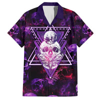 Purple Hawaiian shirt with open collar and neon skull-moth graphic front