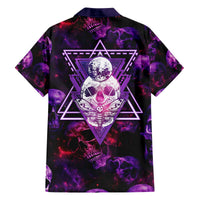 Purple Hawaiian shirt with open collar and neon skull-moth graphic on back
