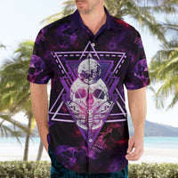 Purple Hawaiian shirt, short sleeves, open collar, neon skull-moth front art