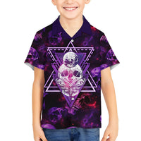 Purple Hawaiian shirt with open collar and neon skull-moth graphic, front view