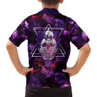 Purple Hawaiian shirt with open collar and neon skull-moth graphic, back view