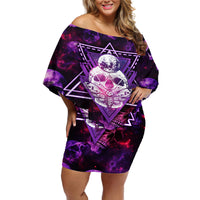 Skull and Moth Off Shoulder Short Dress Fantasy Cosmic Abstract - Grunge Purple Art - Wonder Print Shop