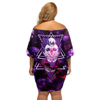 Skull and Moth Off Shoulder Short Dress Fantasy Cosmic Abstract - Grunge Purple Art - Wonder Print Shop