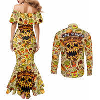 skull-pizza-pattern-couples-matching-mermaid-dress-and-long-sleeve-button-shirts-rest-in-pizza