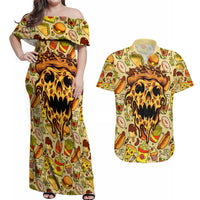Skull Pizza Pattern Couples Matching Off Shoulder Maxi Dress and Hawaiian Shirt Rest in pizza - Wonder Print Shop