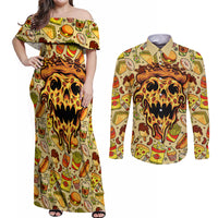 Skull Pizza Pattern Couples Matching Off Shoulder Maxi Dress and Long Sleeve Button Shirts Rest in pizza - Wonder Print Shop