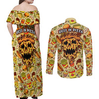 Skull Pizza Pattern Couples Matching Off Shoulder Maxi Dress and Long Sleeve Button Shirts Rest in pizza - Wonder Print Shop