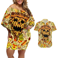 Skull Pizza Pattern Couples Matching Off Shoulder Short Dress and Hawaiian Shirt Rest in pizza - Wonder Print Shop